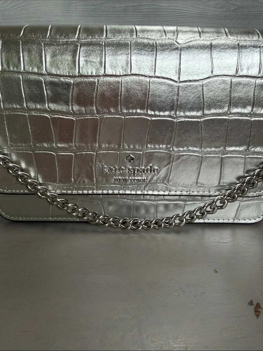 kate spade Metallic Silver Croc-Embossed Chain Crossbody Bag